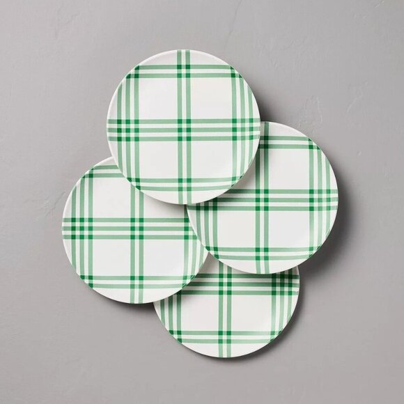 Hearth & Hand Magnolia 4pk 8.8" Tri-Stripe Plaid Melamine Salad Plates Green - Picture 1 of 5
